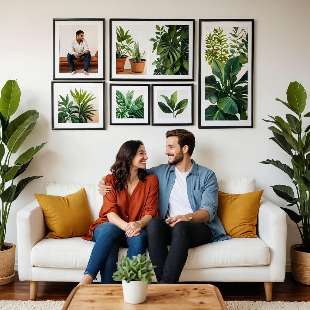 A loving couple sitting on a cozy couch, holding hands and sharing a heartfelt conversation, surrounded by soft lighting and warm tones. Background featuring framed photos, plants, and a peaceful ambiance, evoking a sense of intimacy and trust. Super-realistic. Vibrant colors. White background.