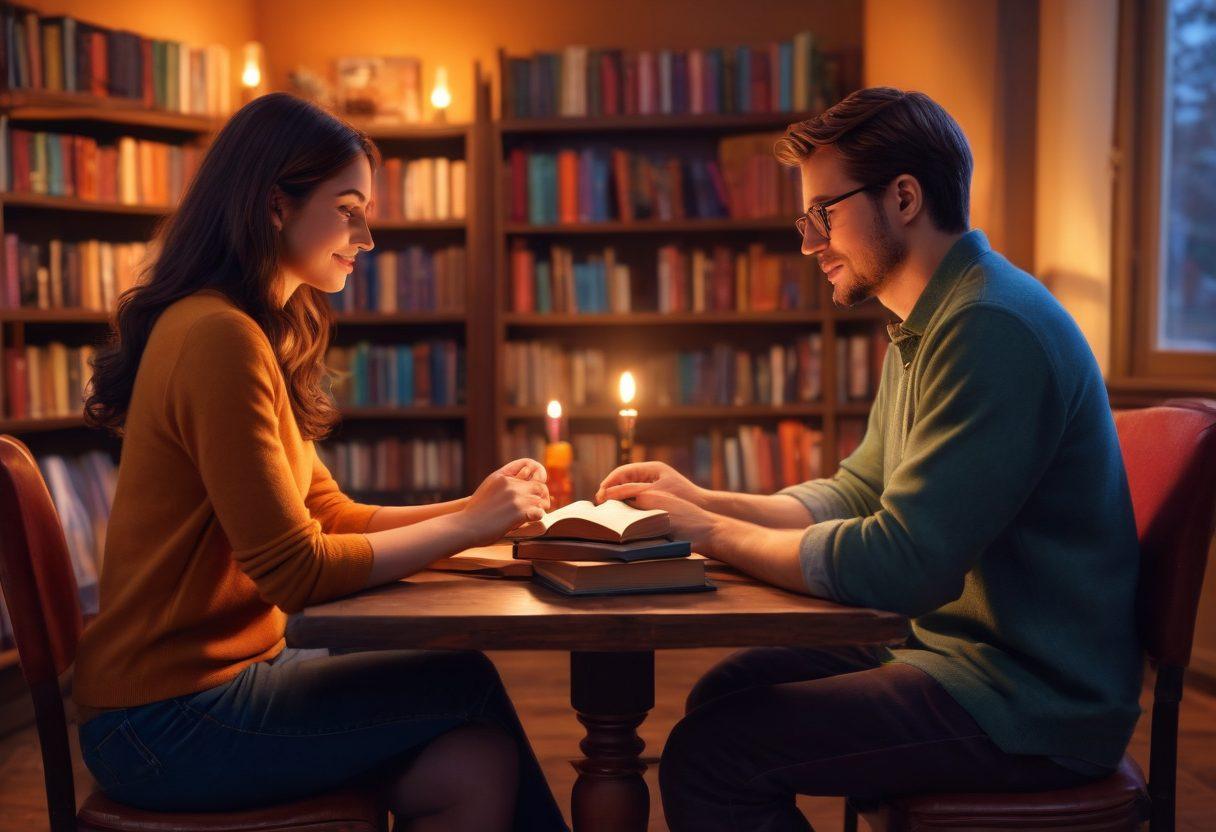 A happy couple sitting close together, deeply engaged in a heartfelt conversation, surrounded by a cozy ambiance with soft, warm lighting. They are holding hands with gentle smiles on their faces, exuding love and understanding. In the background, there's a shelf filled with books on relationships and romance, symbolizing expert advice. super-realistic. vibrant colors. warm and cozy atmosphere.