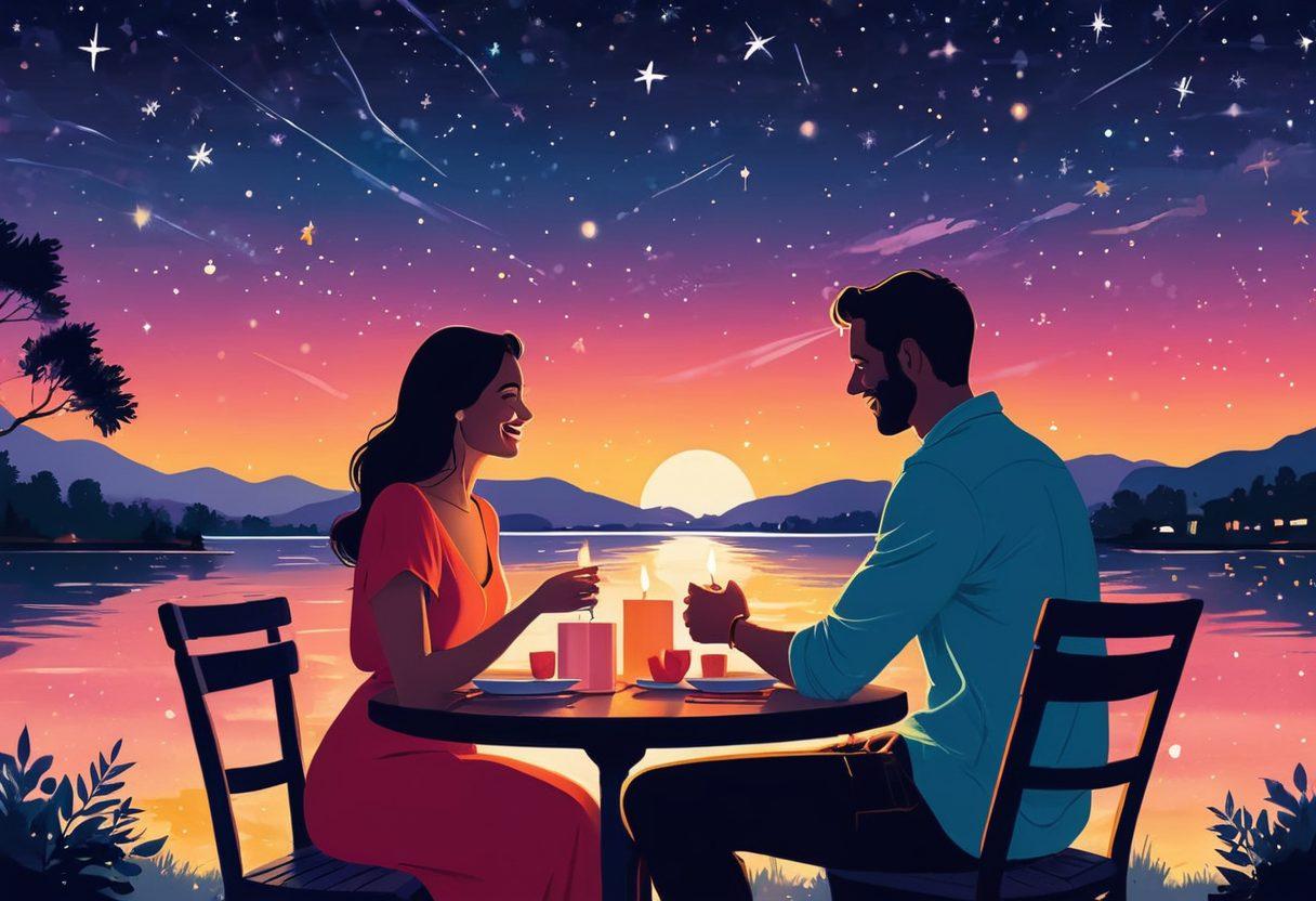 A romantic timeline showing a couple progressing from their first date to a committed relationship. Each stage of their journey is illustrated with heartfelt scenes: holding hands on a first date, sharing laughter over a candlelit dinner, exchanging meaningful gifts, and finally, an intimate moment of commitment under a starry night sky. vector art. vibrant colors. white background.